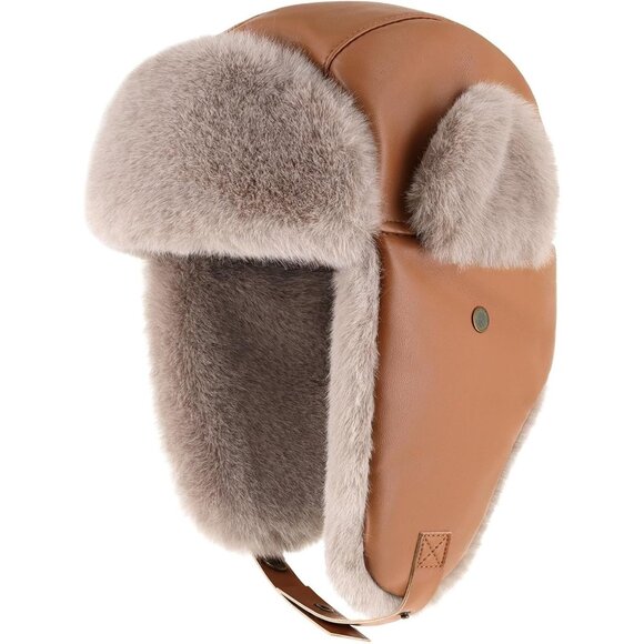 Men's Camel Pu Leather Trapper Faux Fur Lining Warm Headwear Aviator Hat